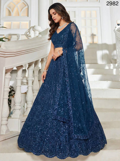 Blue Net Designer Lehenga Choli – Motif, Sequins & Thread Embroidery Work