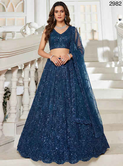 Blue Net Designer Lehenga Choli – Motif, Sequins & Thread Embroidery Work