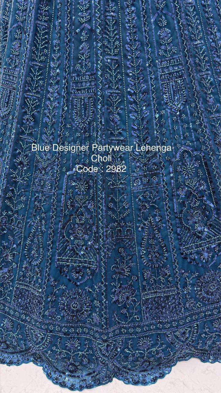 Blue Net Designer Lehenga Choli – Motif, Sequins & Thread Embroidery Work