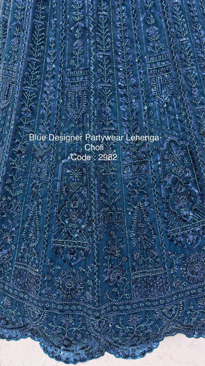 Blue Net Designer Lehenga Choli – Motif, Sequins & Thread Embroidery Work