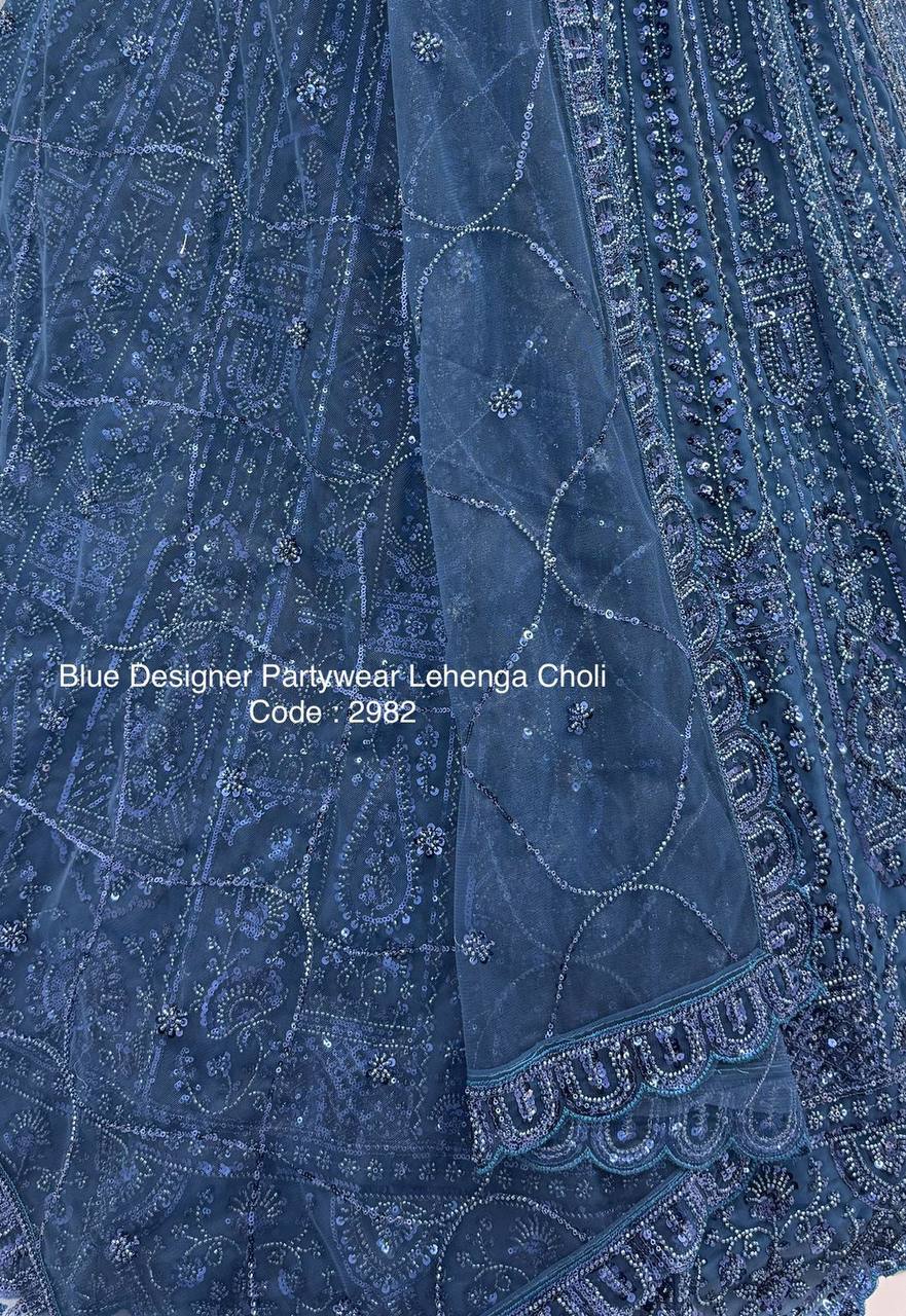 Blue Net Designer Lehenga Choli – Motif, Sequins & Thread Embroidery Work
