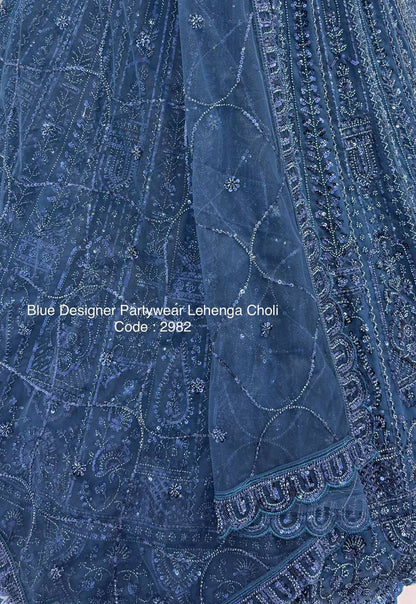 Blue Net Designer Lehenga Choli – Motif, Sequins & Thread Embroidery Work