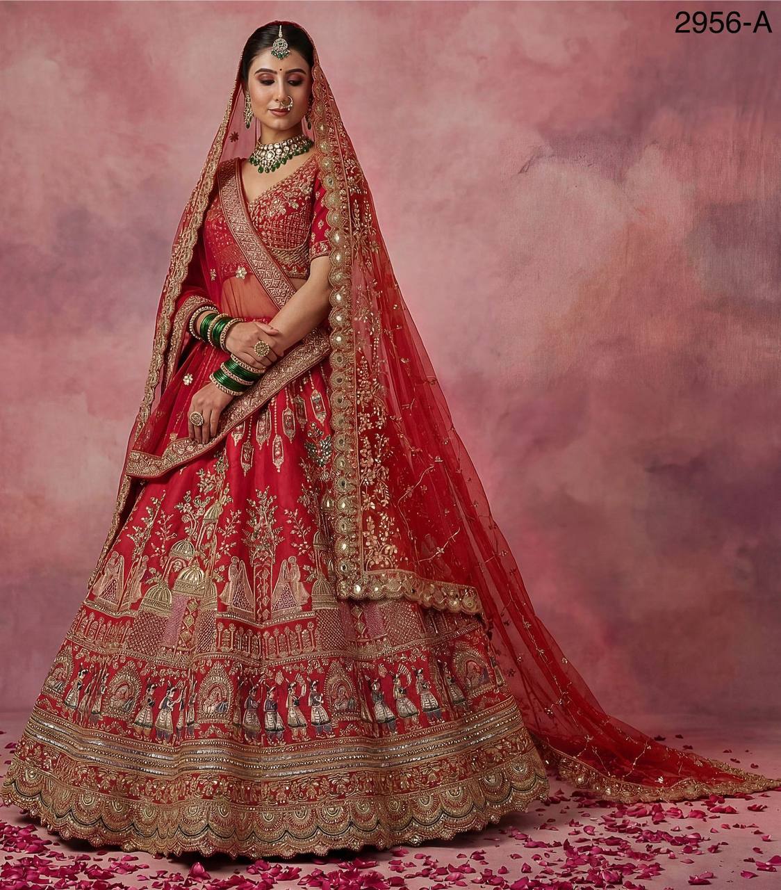 Gadhwal Silk Bridal Lehenga Choli – Baraat Style Work with Double Dupatta