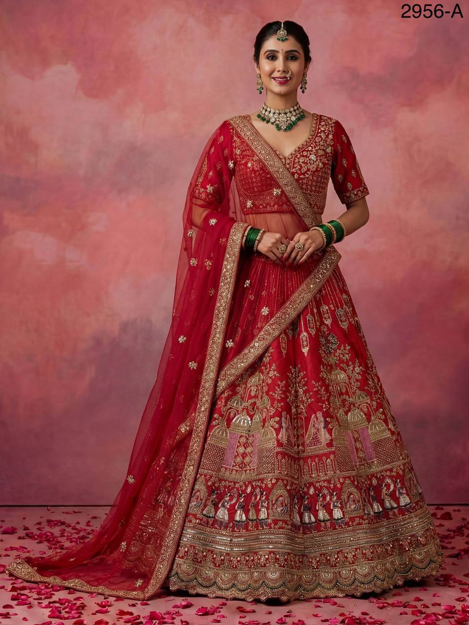 Gadhwal Silk Bridal Lehenga Choli – Baraat Style Work with Double Dupatta