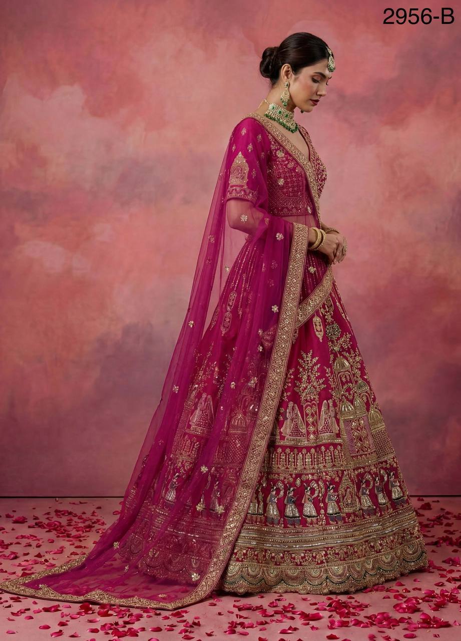 Gadhwal Silk Bridal Lehenga Choli – Baraat Style Work with Double Dupatta