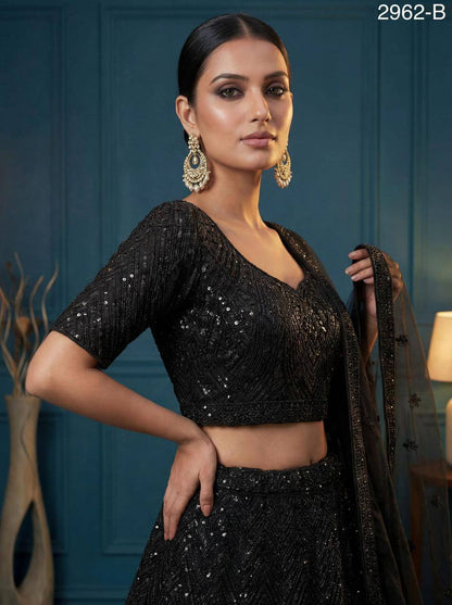 Net Wedding Lehenga Choli – Sequins, Golden Pati, Dori & Zircon Diamond Work