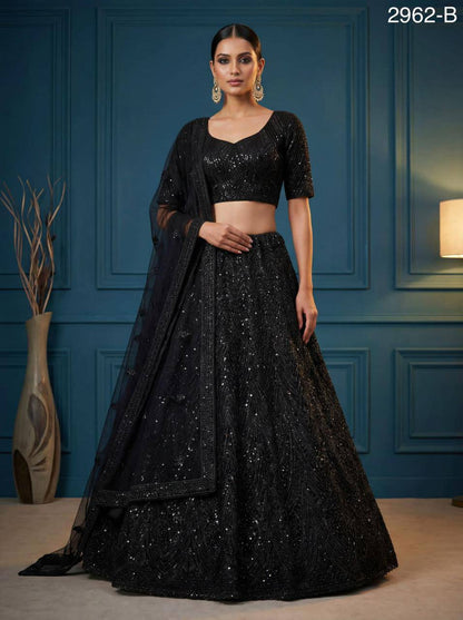 Net Wedding Lehenga Choli – Sequins, Golden Pati, Dori & Zircon Diamond Work