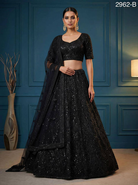 Net Wedding Lehenga Choli – Sequins, Golden Pati, Dori & Zircon Diamond Work