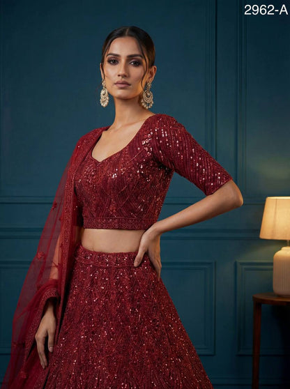 Net Wedding Lehenga Choli – Sequins, Golden Pati, Dori & Zircon Diamond Work