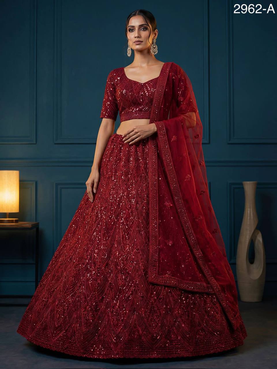 Net Wedding Lehenga Choli – Sequins, Golden Pati, Dori & Zircon Diamond Work