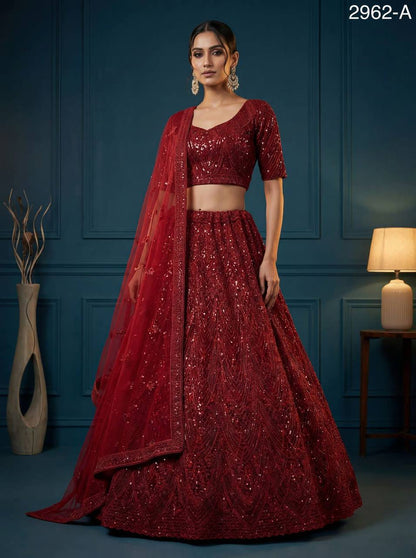 Net Wedding Lehenga Choli – Sequins, Golden Pati, Dori & Zircon Diamond Work