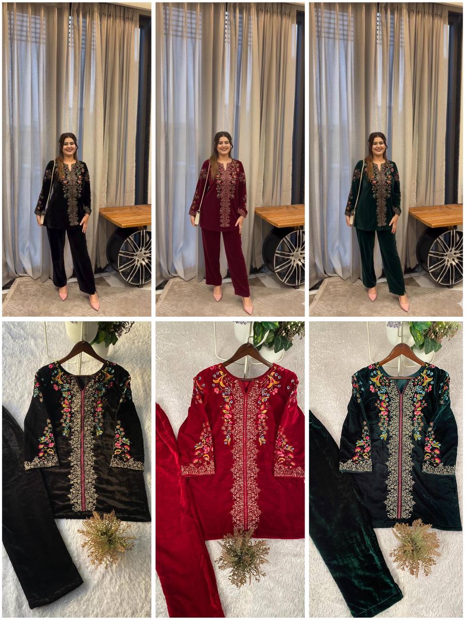 Premium Velvet Co‑Ord Set – Embroidery Work Top & Plazzo