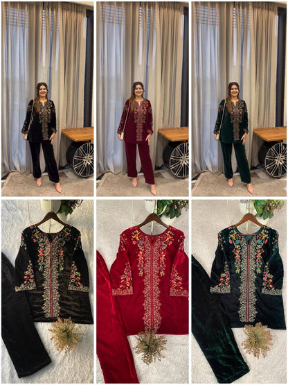 Premium Velvet Co‑Ord Set – Embroidery Work Top & Plazzo