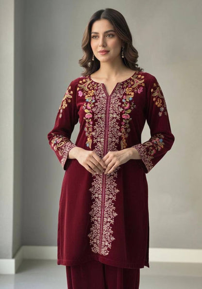 Premium Velvet Co‑Ord Set – Embroidery Work Top & Plazzo