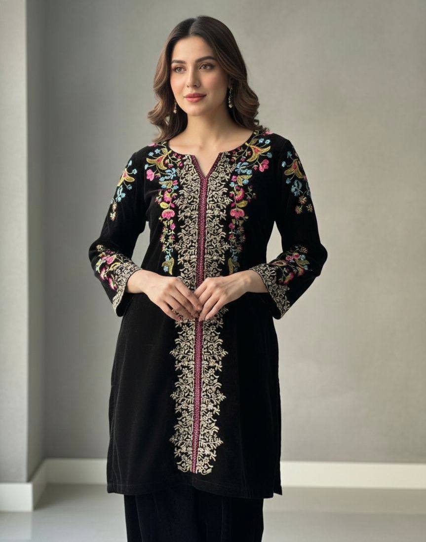Premium Velvet Co‑Ord Set – Embroidery Work Top & Plazzo