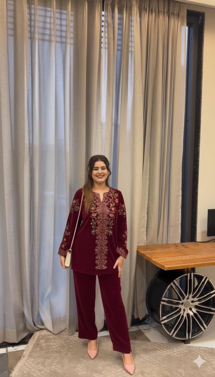 Premium Velvet Co‑Ord Set – Embroidery Work Top & Plazzo
