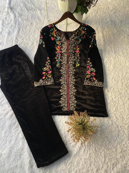 Premium Velvet Co‑Ord Set – Embroidery Work Top & Plazzo