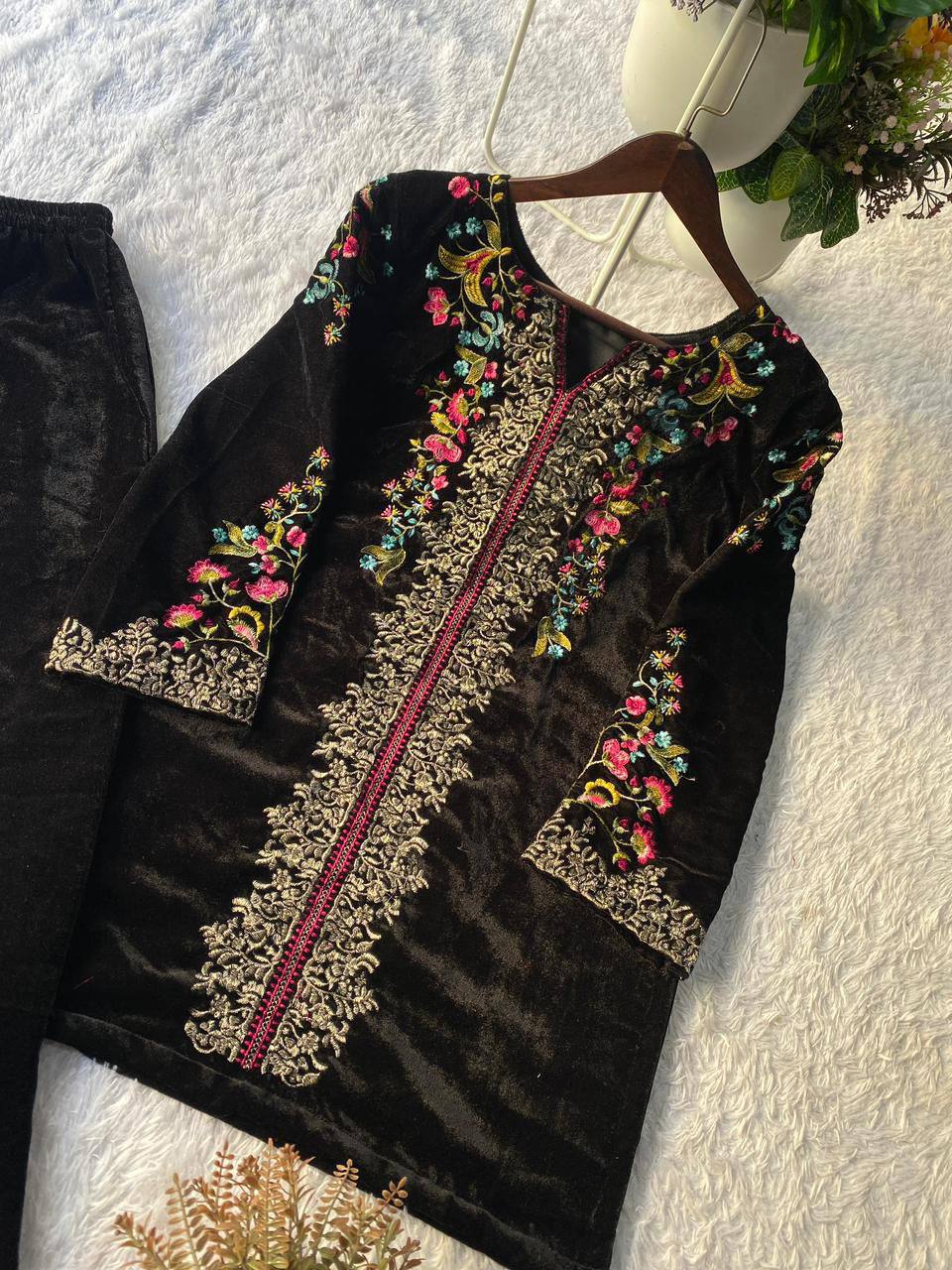 Premium Velvet Co‑Ord Set – Embroidery Work Top & Plazzo