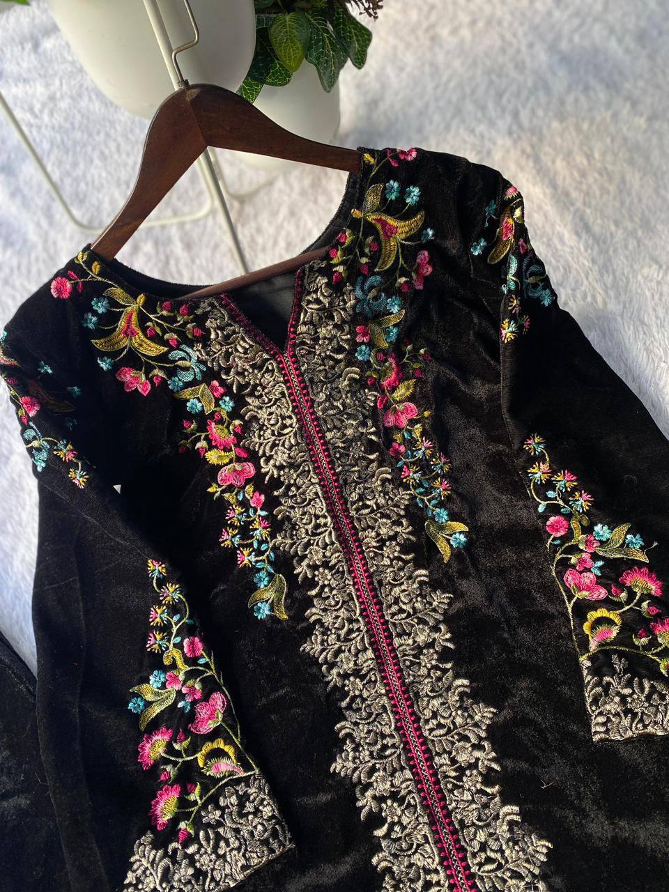 Premium Velvet Co‑Ord Set – Embroidery Work Top & Plazzo