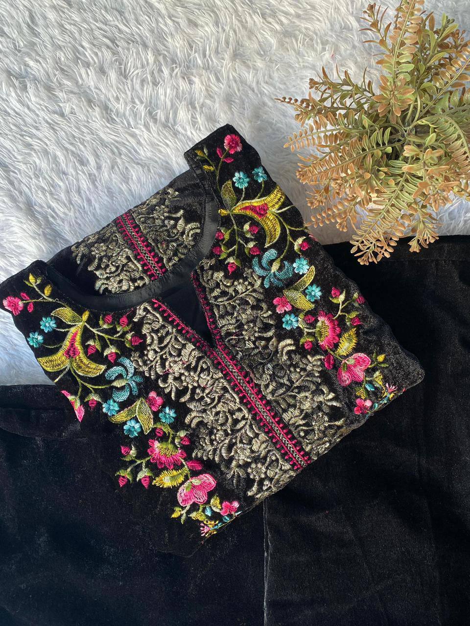 Premium Velvet Co‑Ord Set – Embroidery Work Top & Plazzo