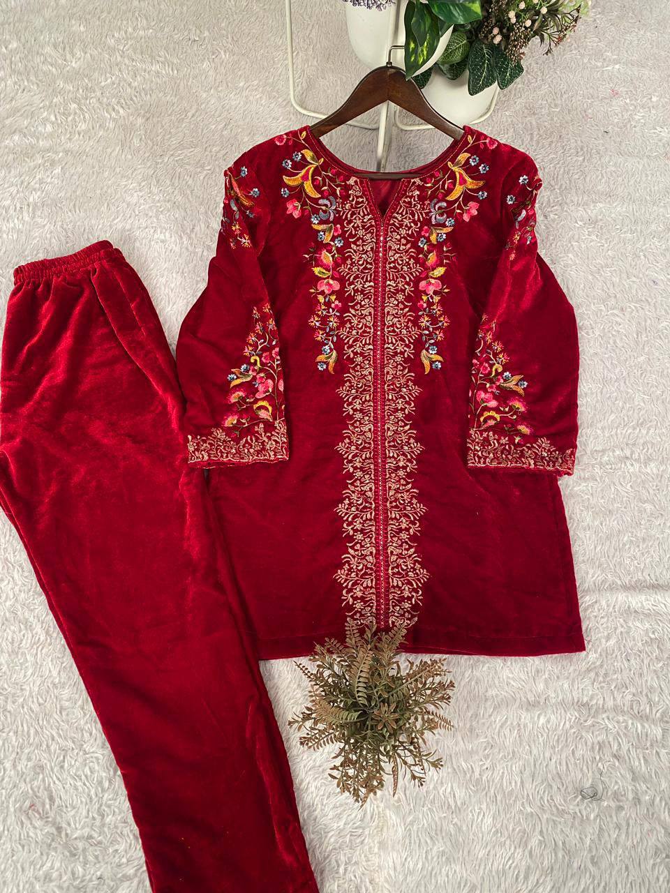 Premium Velvet Co‑Ord Set – Embroidery Work Top & Plazzo
