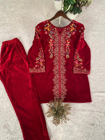 Premium Velvet Co‑Ord Set – Embroidery Work Top & Plazzo