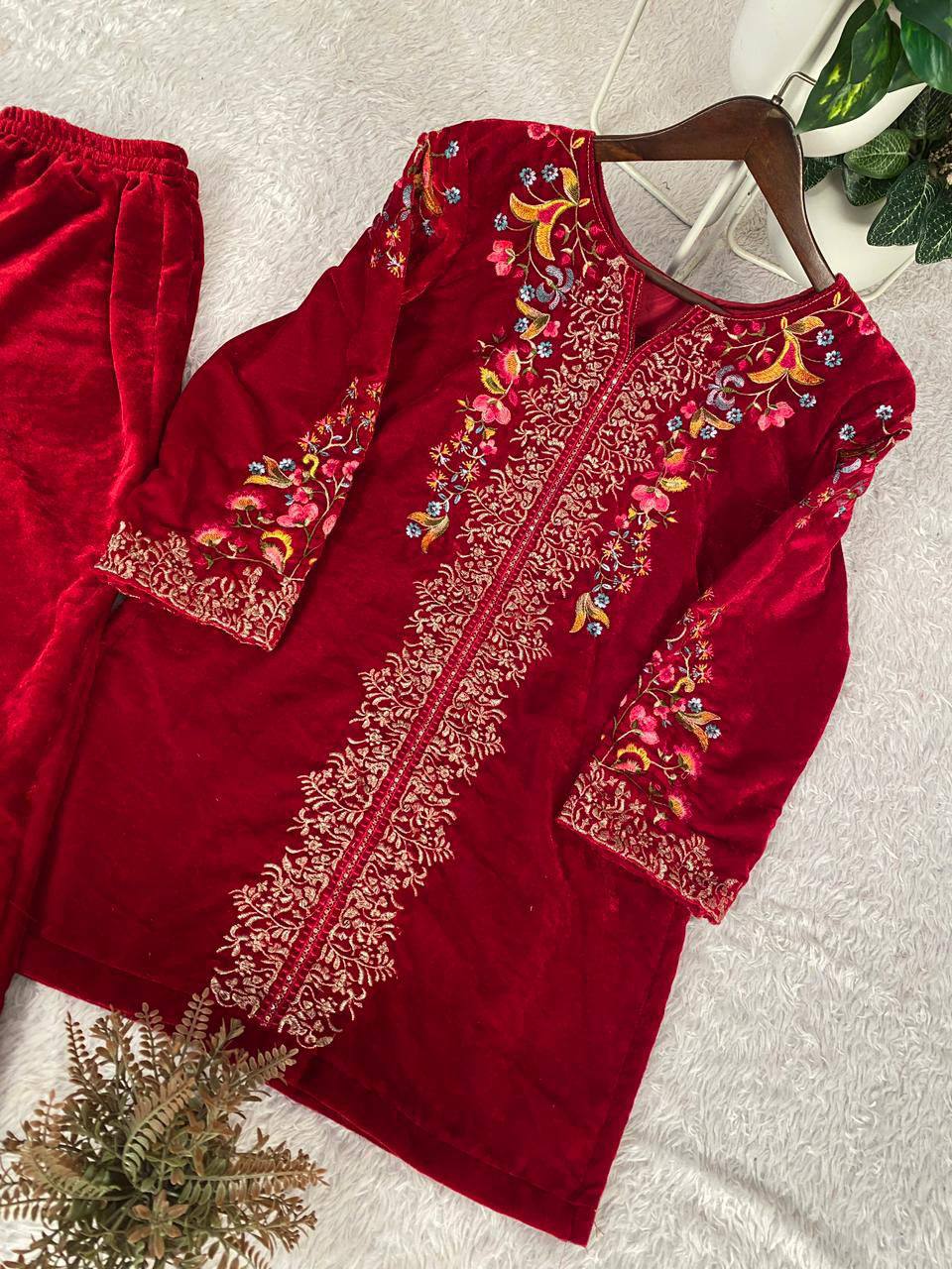 Premium Velvet Co‑Ord Set – Embroidery Work Top & Plazzo