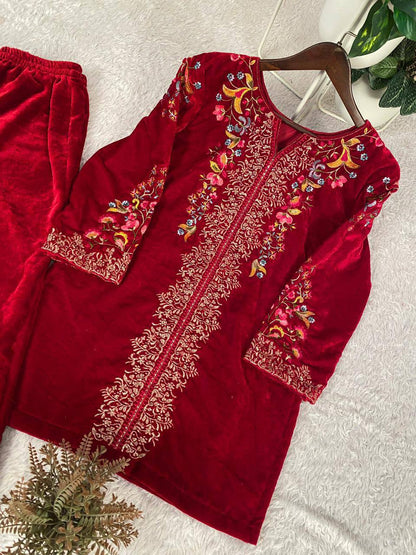 Premium Velvet Co‑Ord Set – Embroidery Work Top & Plazzo