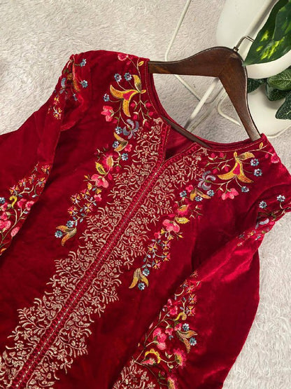 Premium Velvet Co‑Ord Set – Embroidery Work Top & Plazzo