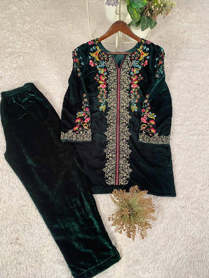 Premium Velvet Co‑Ord Set – Embroidery Work Top & Plazzo