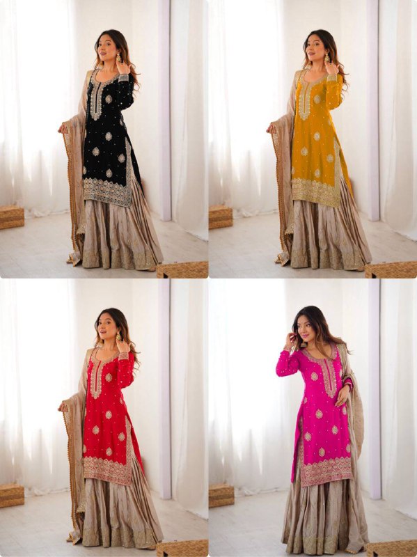 Premium Chinon Silk Sharara Set – Embroidery