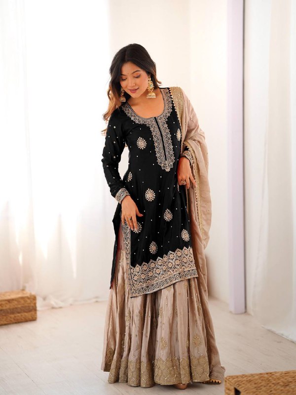 Premium Chinon Silk Sharara Set – Embroidery