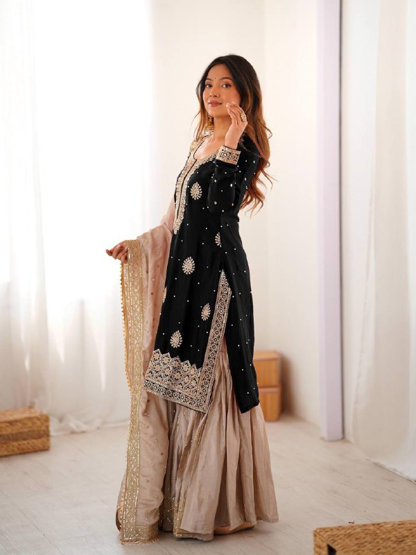 Premium Chinon Silk Sharara Set – Embroidery