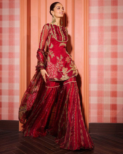 Exclusive Soft Organza Short Kurti with Sharara & Dupatta