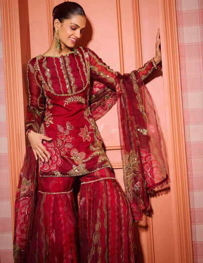 Exclusive Soft Organza Short Kurti with Sharara & Dupatta