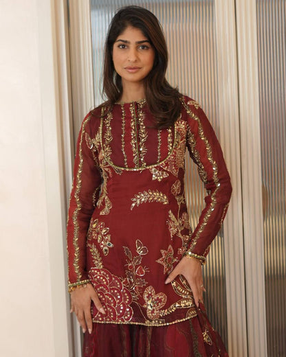 Exclusive Soft Organza Short Kurti with Sharara & Dupatta