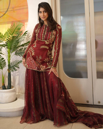 Exclusive Soft Organza Short Kurti with Sharara & Dupatta
