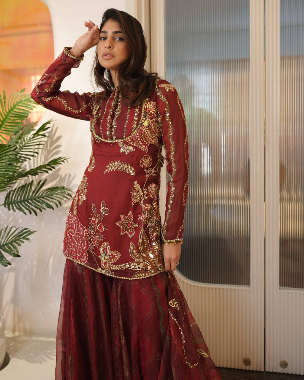 Exclusive Soft Organza Short Kurti with Sharara & Dupatta