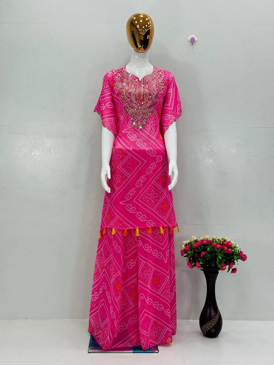 Premium Faux Georgette Kaftan Set – Fancy Digital Print with Embroidery
