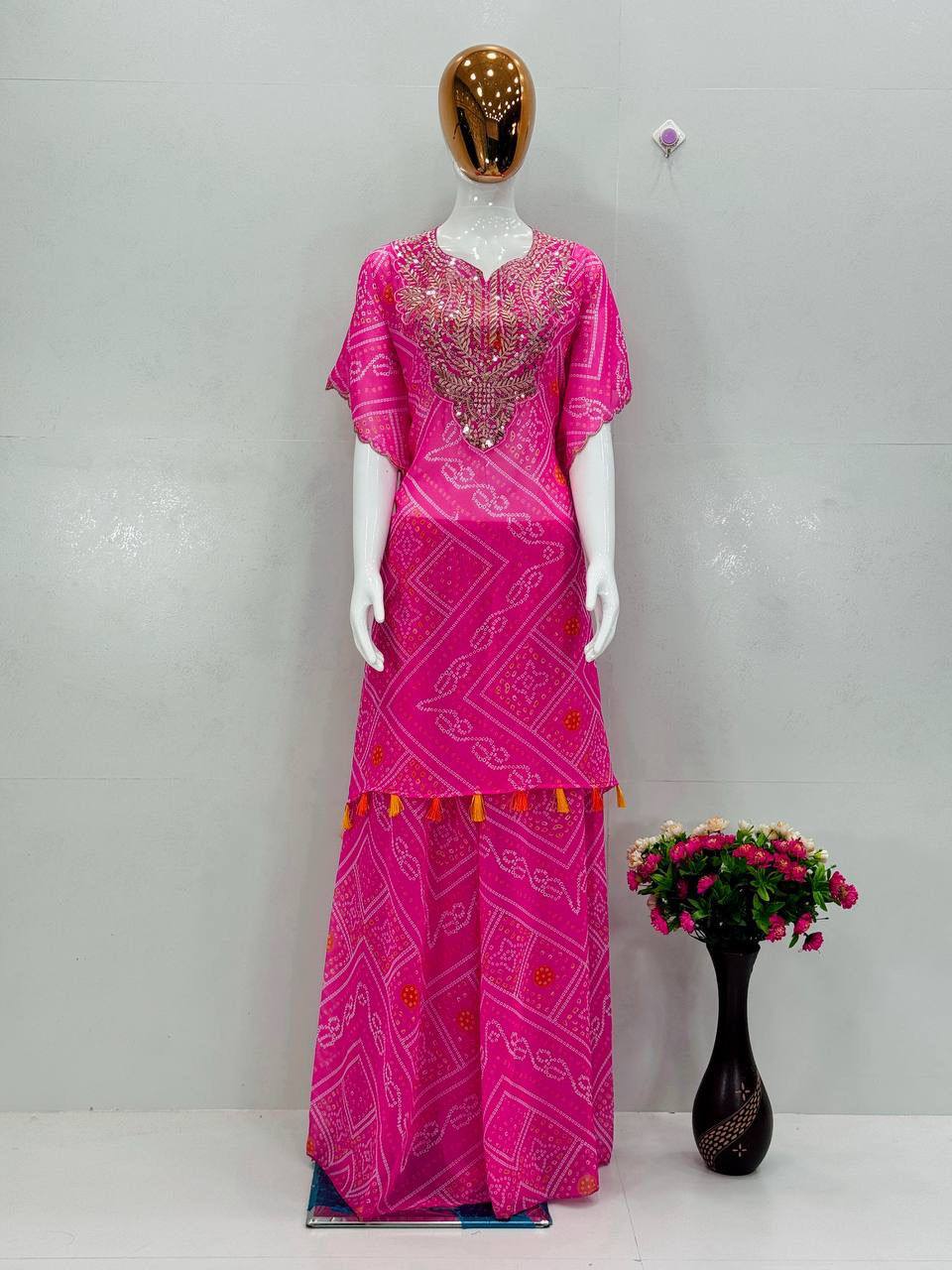 Premium Faux Georgette Kaftan Set – Fancy Digital Print with Embroidery