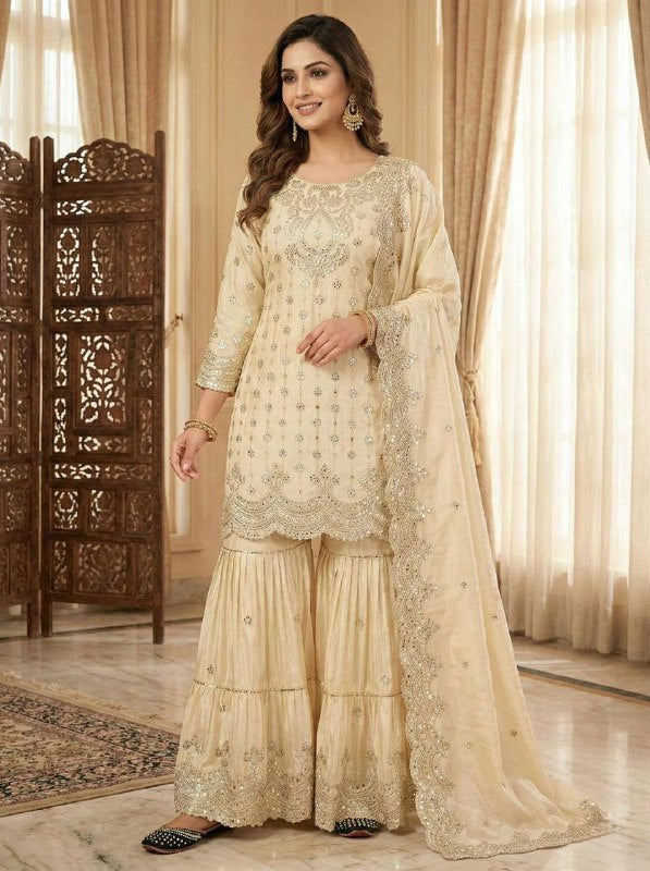 Premium Heavy Chinon Suit – 5MM Embroidery Sequins Work with Sarara Plazzo