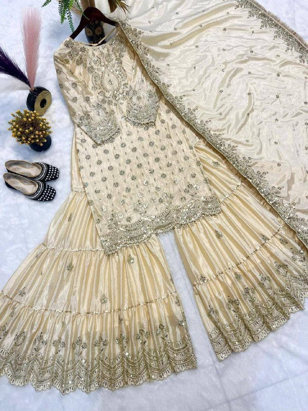 Premium Heavy Chinon Suit – 5MM Embroidery Sequins Work with Sarara Plazzo