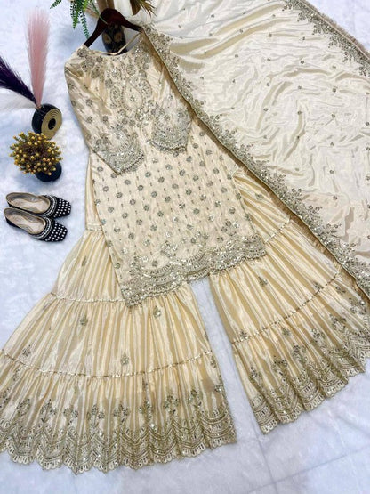 Premium Heavy Chinon Suit – 5MM Embroidery Sequins Work with Sarara Plazzo