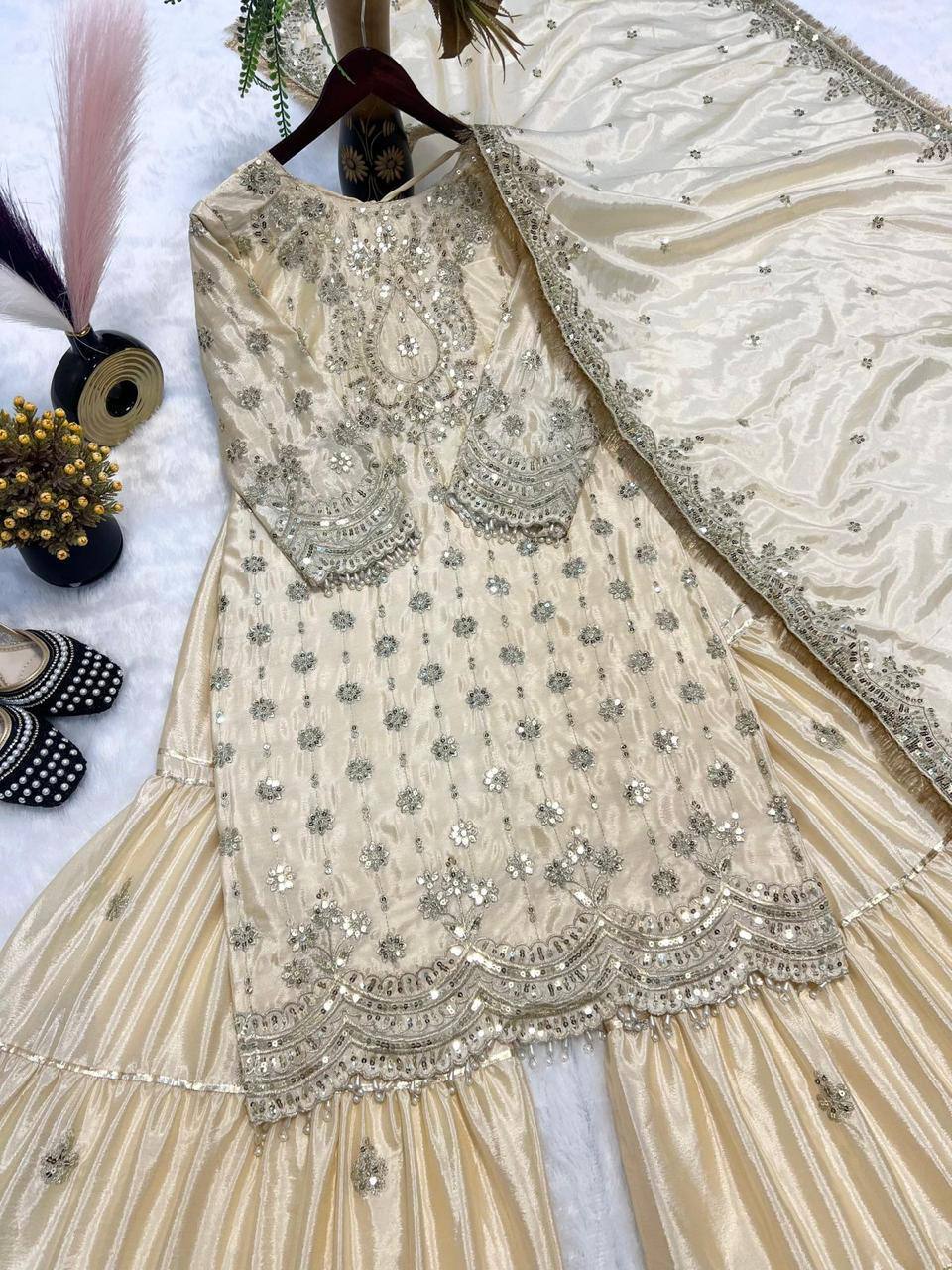 Premium Heavy Chinon Suit – 5MM Embroidery Sequins Work with Sarara Plazzo