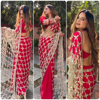 Premium Fendy Silk Saree with Real Mirror Work & Matching Blouse