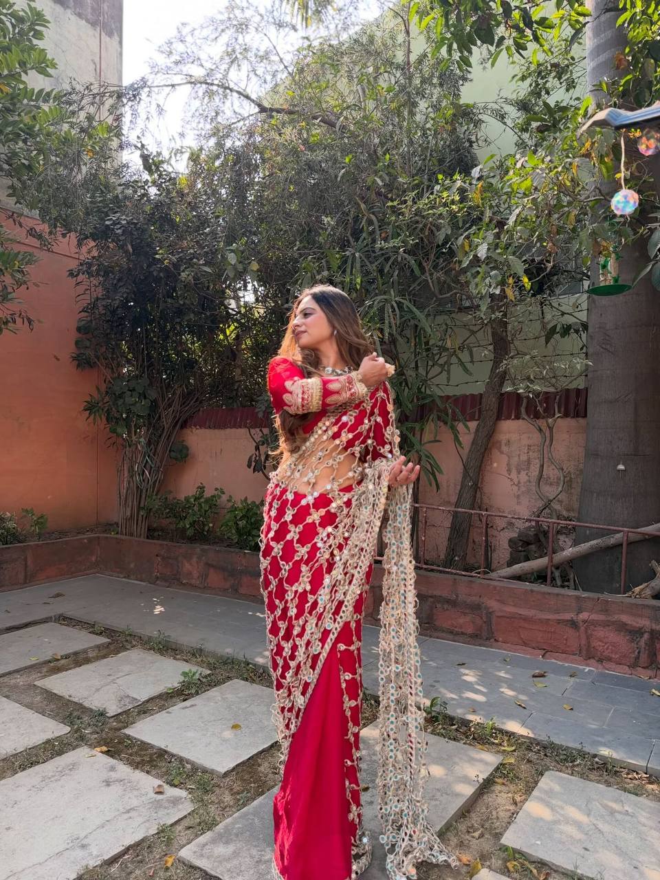 Premium Fendy Silk Saree with Real Mirror Work & Matching Blouse