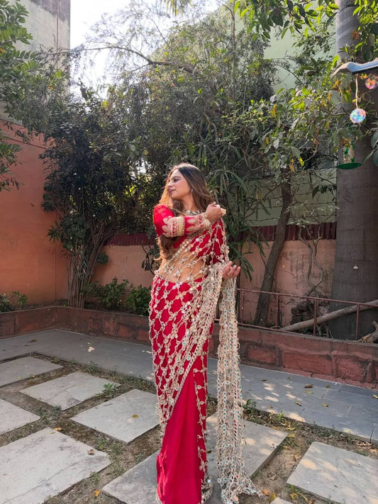 Premium Fendy Silk Saree with Real Mirror Work & Matching Blouse