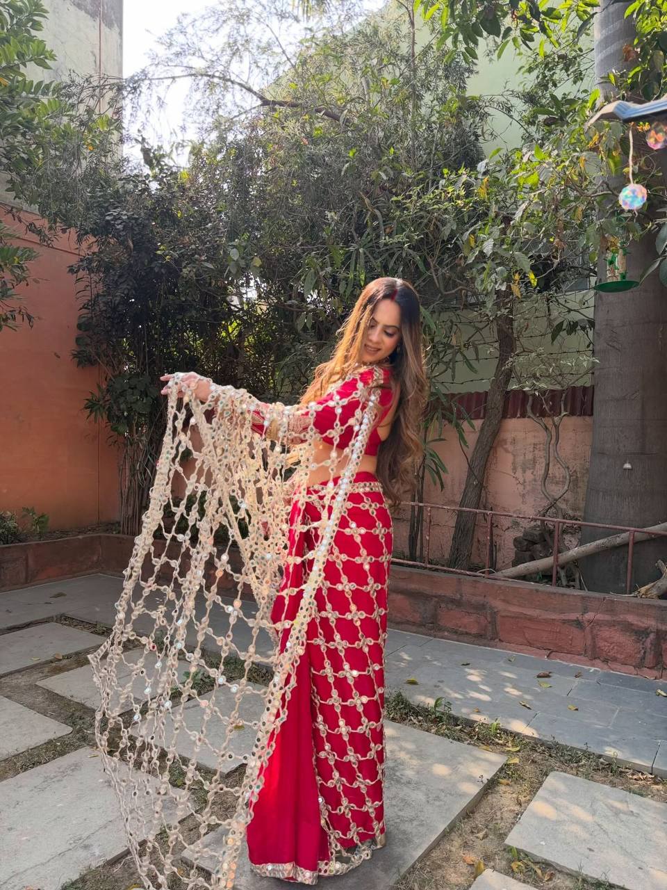 Premium Fendy Silk Saree with Real Mirror Work & Matching Blouse