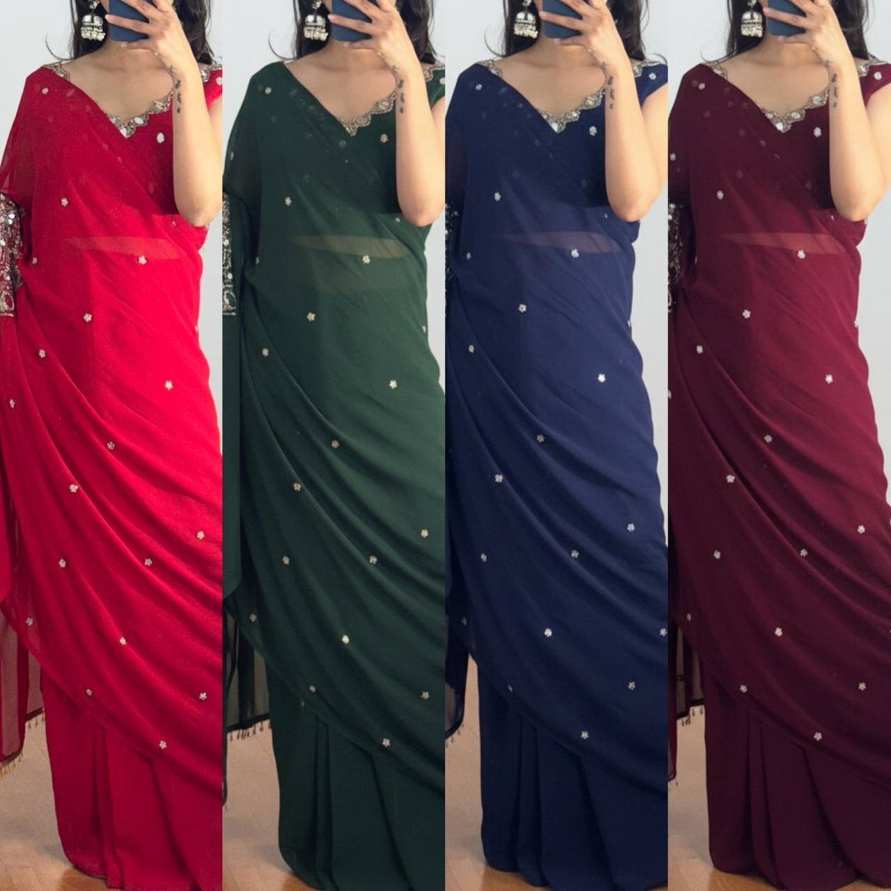 Exclusive Faux Georgette Drape Saree – Embroidery, Real Mirror &amp; Pearl Hand Work with Stitched Blouse