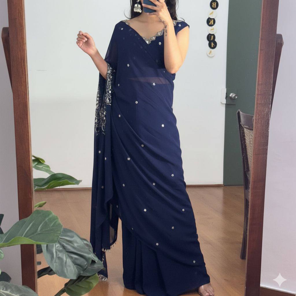 Exclusive Faux Georgette Drape Saree – Embroidery, Real Mirror &amp; Pearl Hand Work with Stitched Blouse